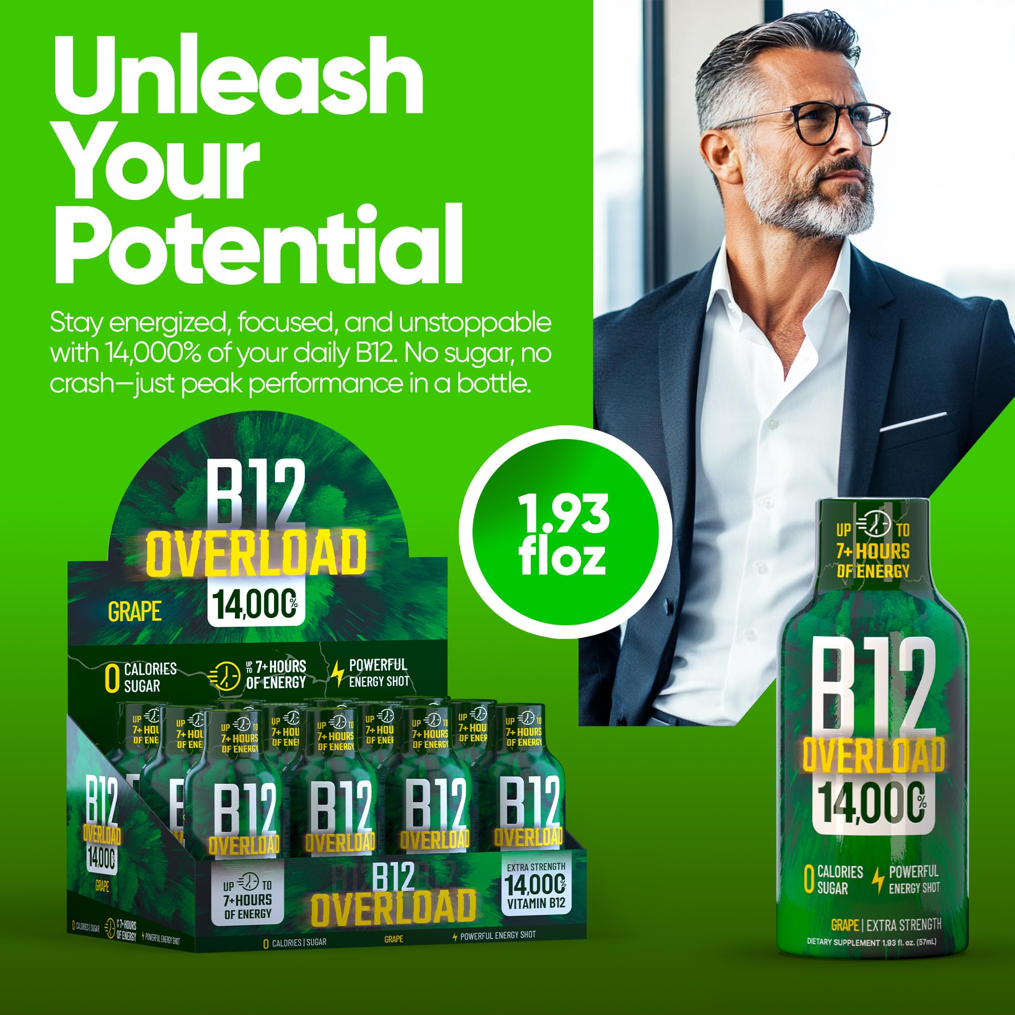 Vitamin Energy B12 Overload grape label close-up underscores caffeine and B12 content.