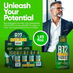 Vitamin Energy B12 Overload grape label close-up underscores caffeine and B12 content.