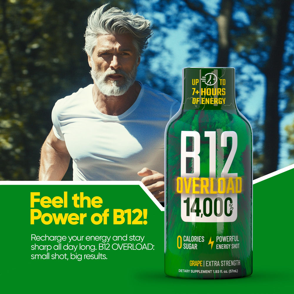 Vitamin Energy B12 Overload grape 48-pack display suggests bulk daily energy availability.