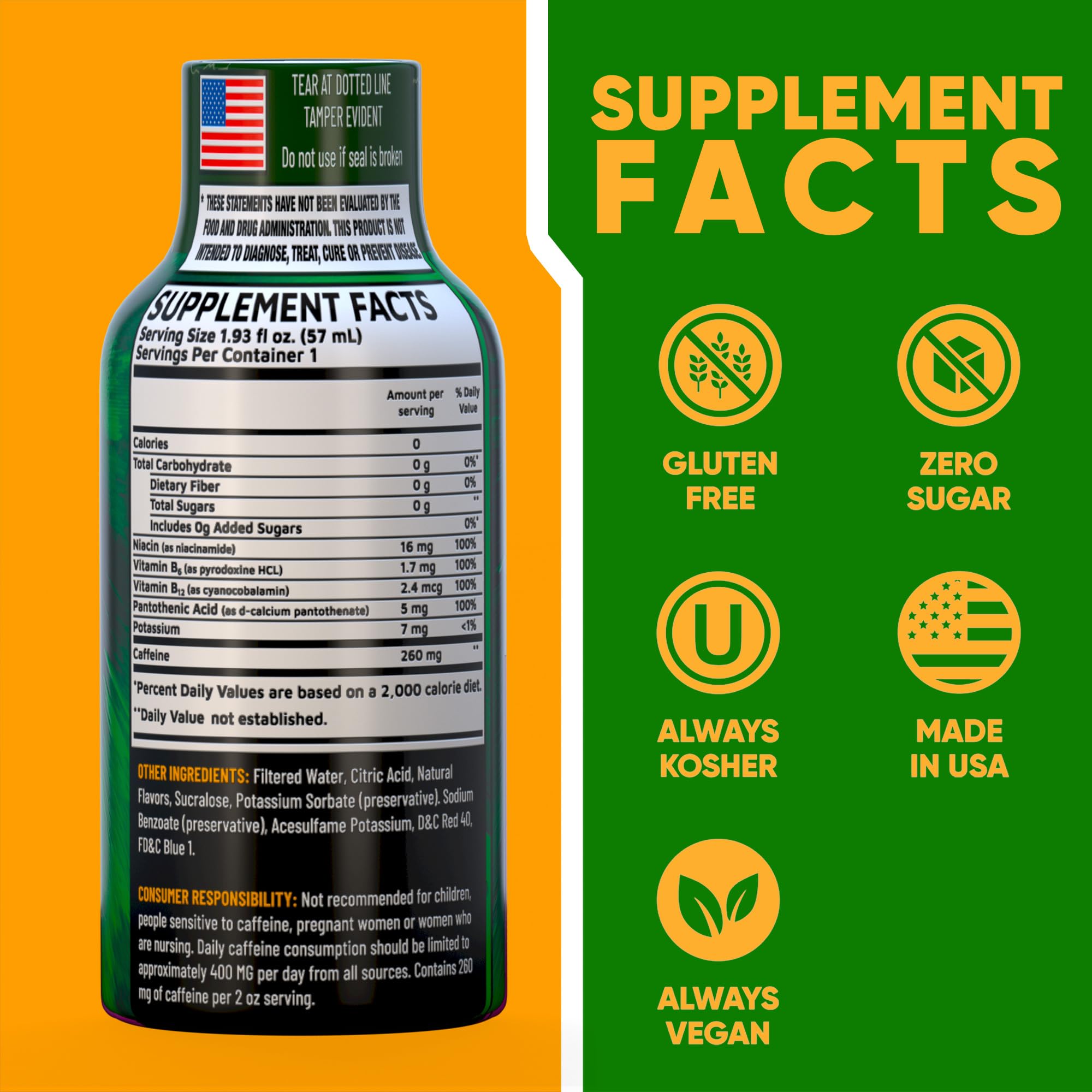 Vitamin Energy B12 Overload label closeup highlighting caffeine and B12.