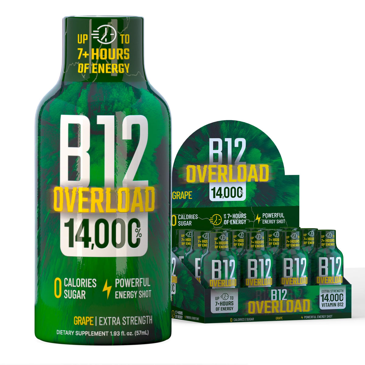 Vitamin Energy B12 Overload Shot grape bottle, offering long-lasting focus on the go.
