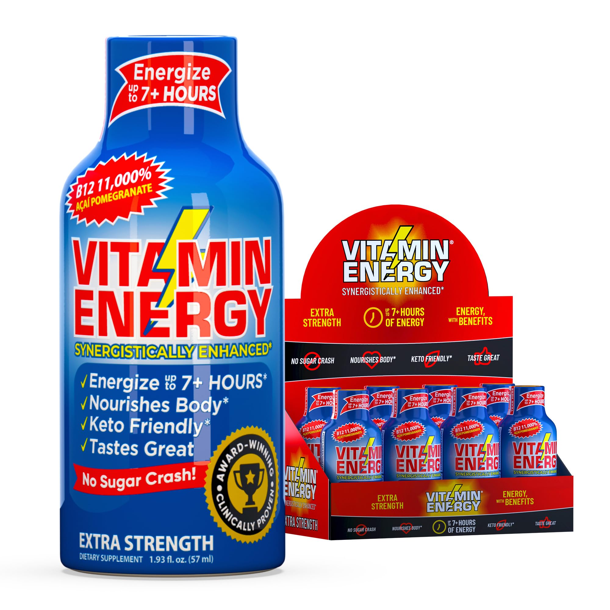 Vitamin Energy B12 shot acai-pomegranate bottle front shows a bold, on-the-go energy option.