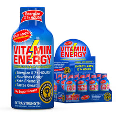 Vitamin Energy B12 shot bottle pour shows quick energy on the go