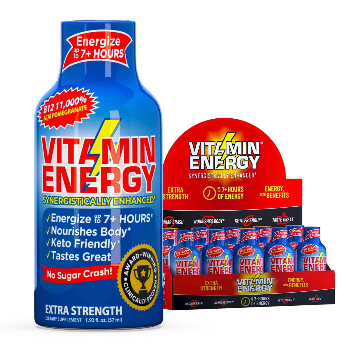 Vitamin Energy B12 shot in acai-pomegranate bottle for sustained vitality.