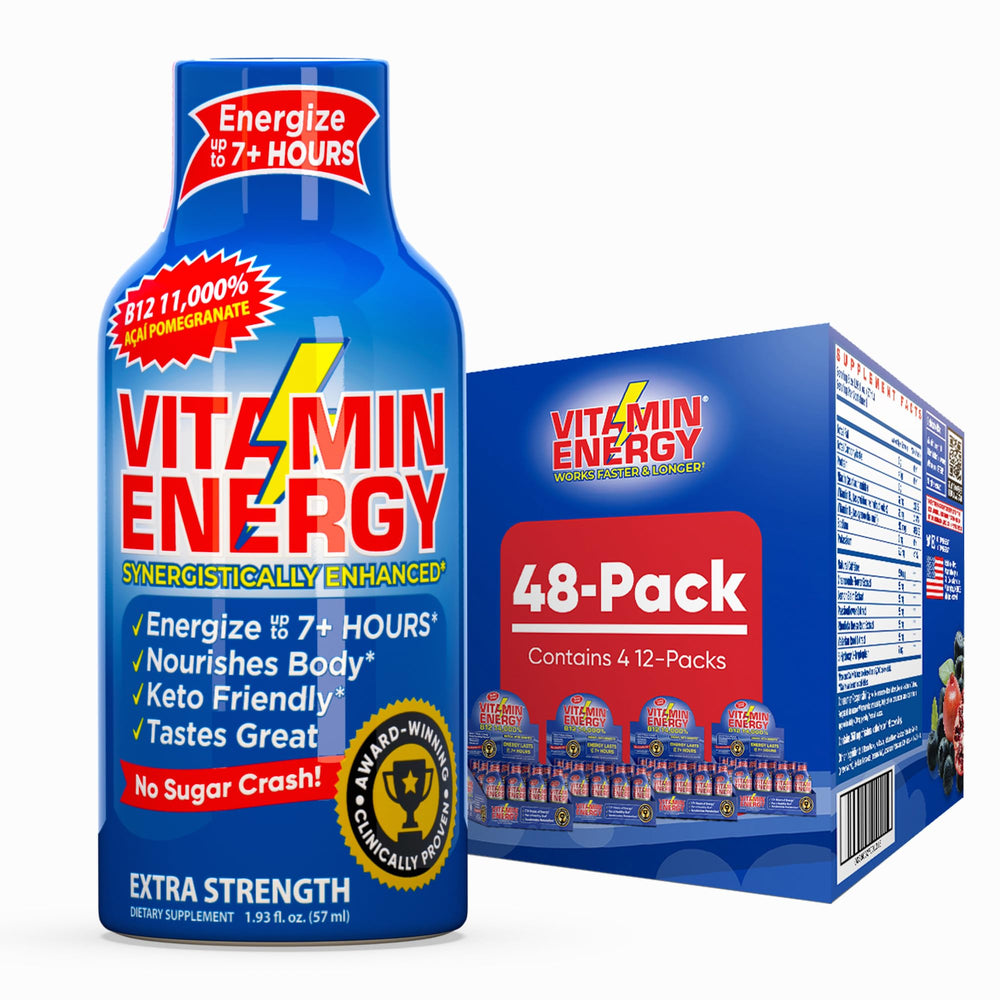 Vitamin Energy B12 shot bottle in acai-pomegranate flavor for on-the-go energy