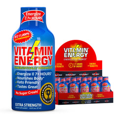 Vitamin Energy B12 shot in acai-pomegranate bottle for sustained vitality.