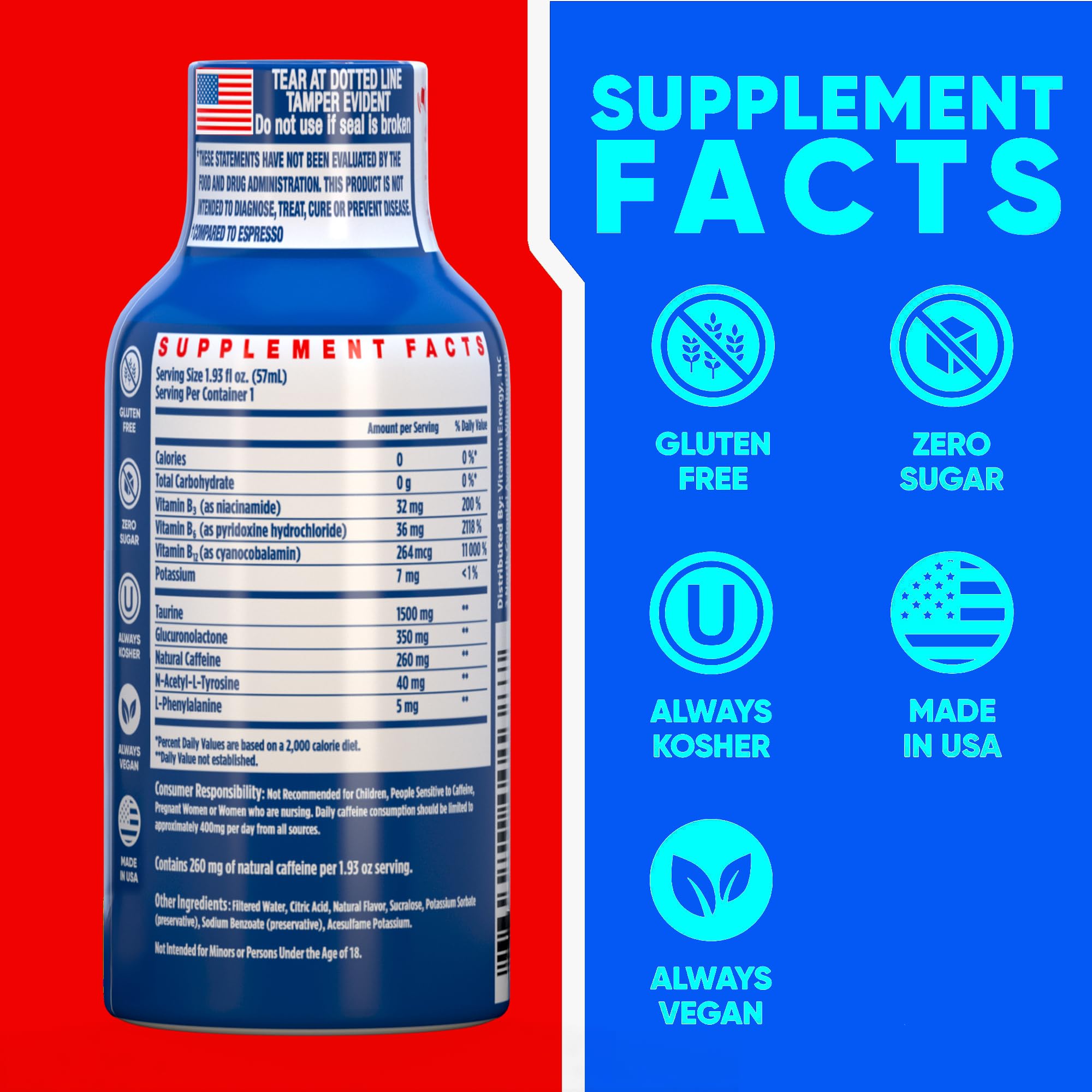 Vitamin Energy B12 shot packaging shows compact travel energy and convenience