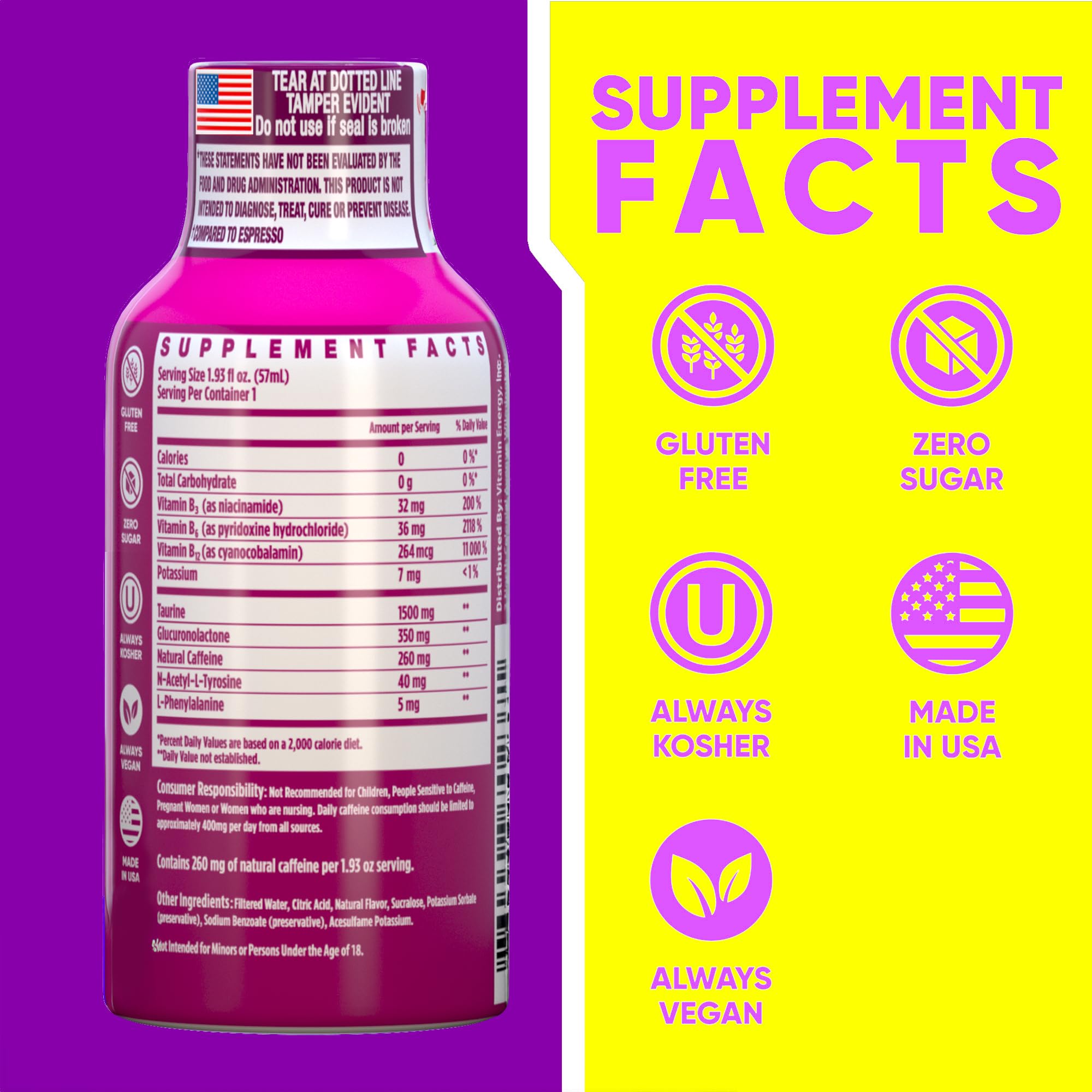 Vitamin Energy B12 shot label close-up showing caffeine and B vitamins.