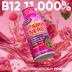 Vitamin Energy B12 Shot label closeup emphasizes B12 and B6 benefits.