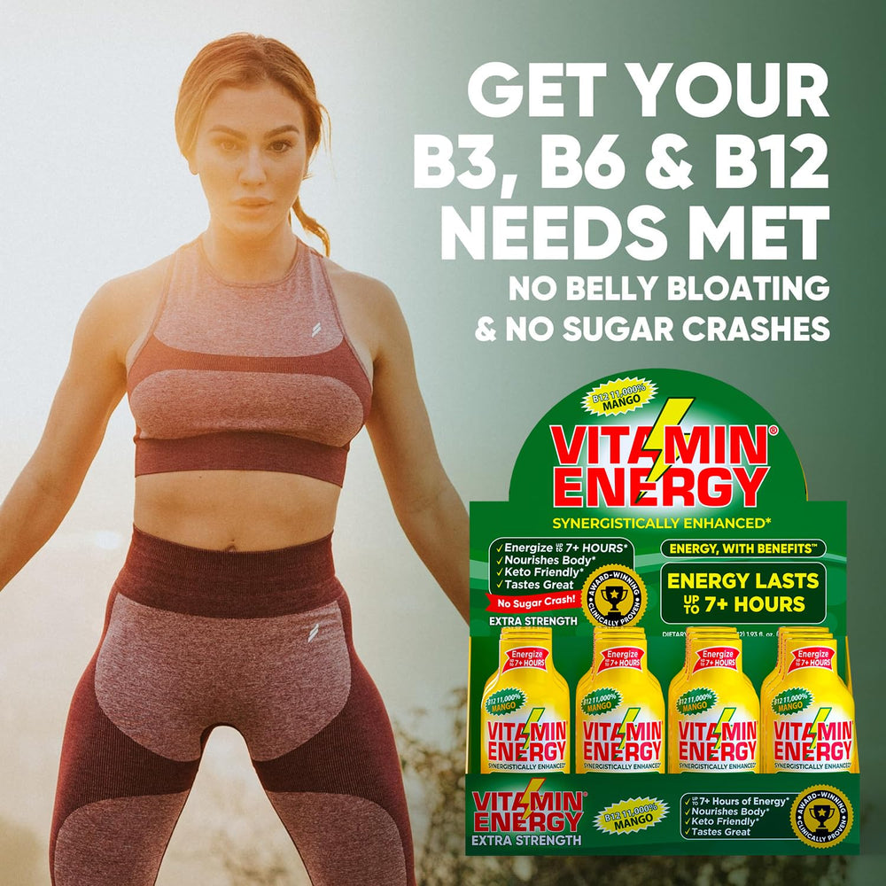 Vitamin Energy B12 Mango Shot on a work desk ready for a productive session