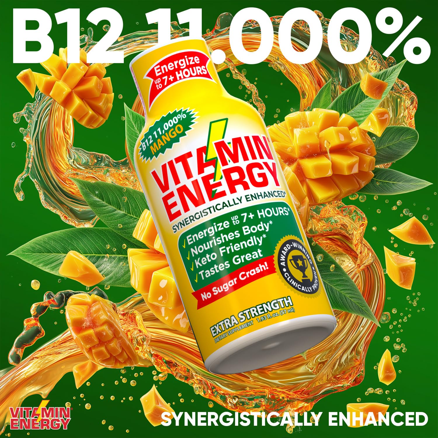Ingredients panel of Vitamin Energy B12 Mango Shot showing caffeine and B vitamins