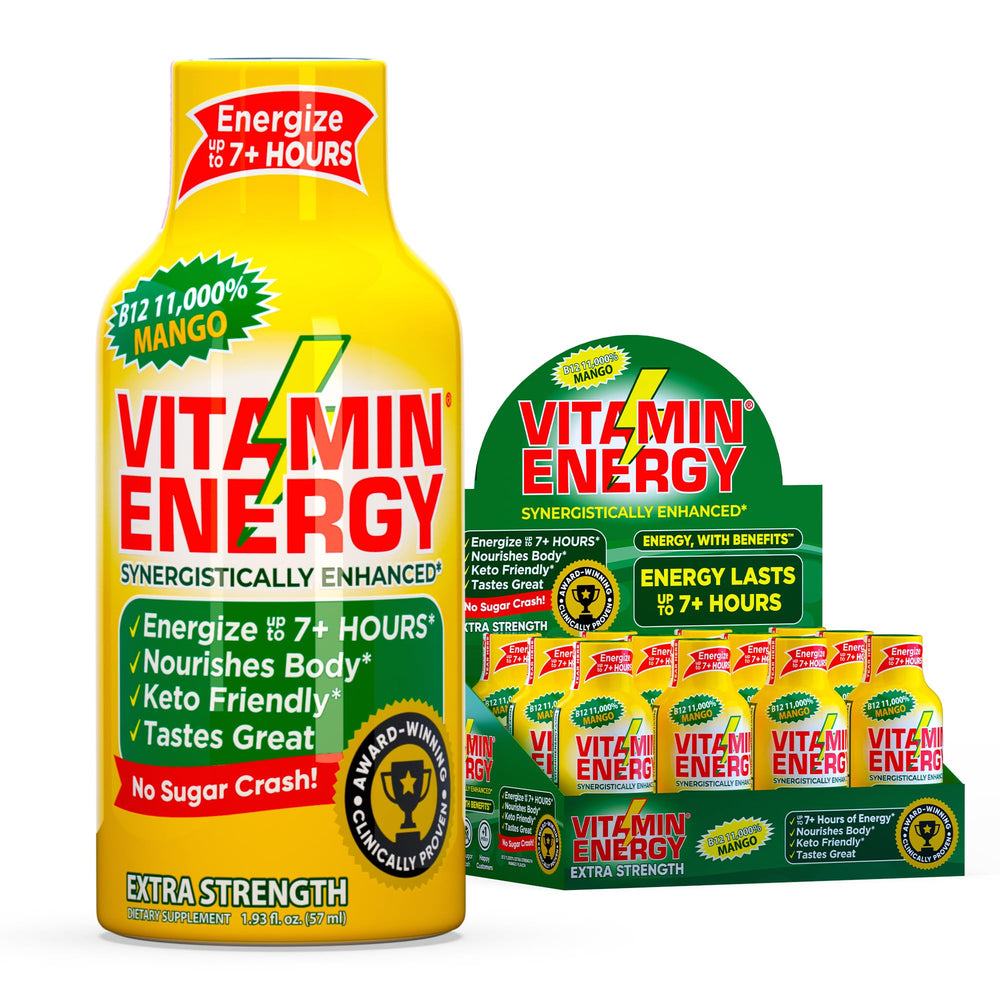 Vitamin Energy B12 Mango Shot label close-up showing potency for sustained energy.