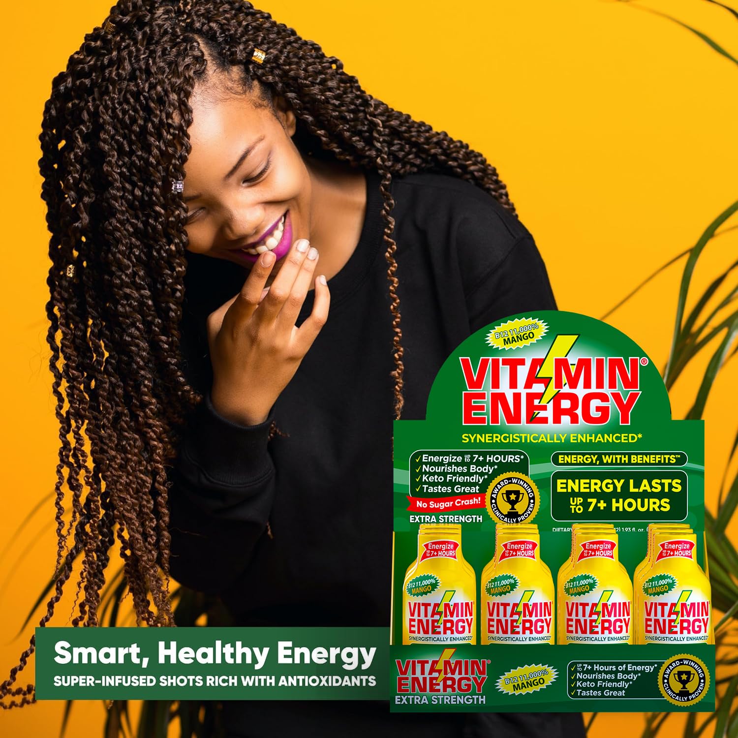 Vitamin Energy B12 Mango Shot on desk ready for a busy workday boost.