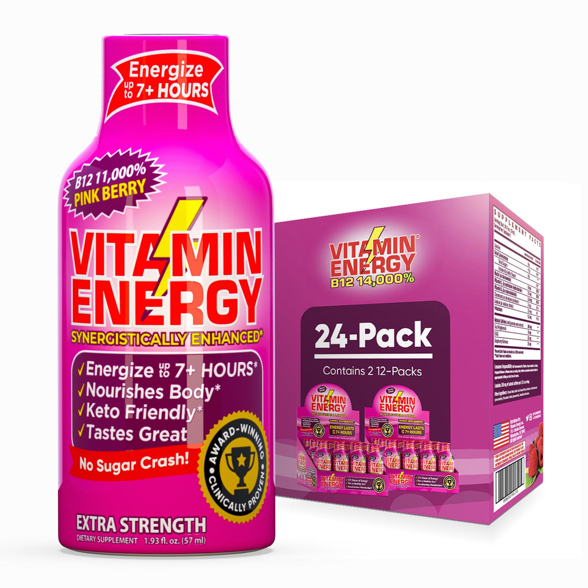 Vitamin Energy B12 Shot pink berry bottle for on-the-go energy.