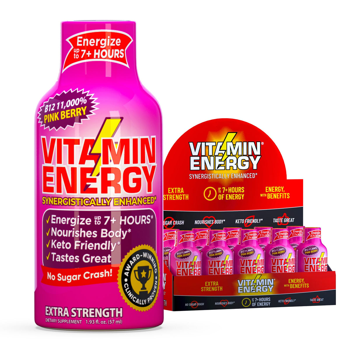 Vitamin Energy B12 Pink Berry shot bottle—compact energy boost for busy days.