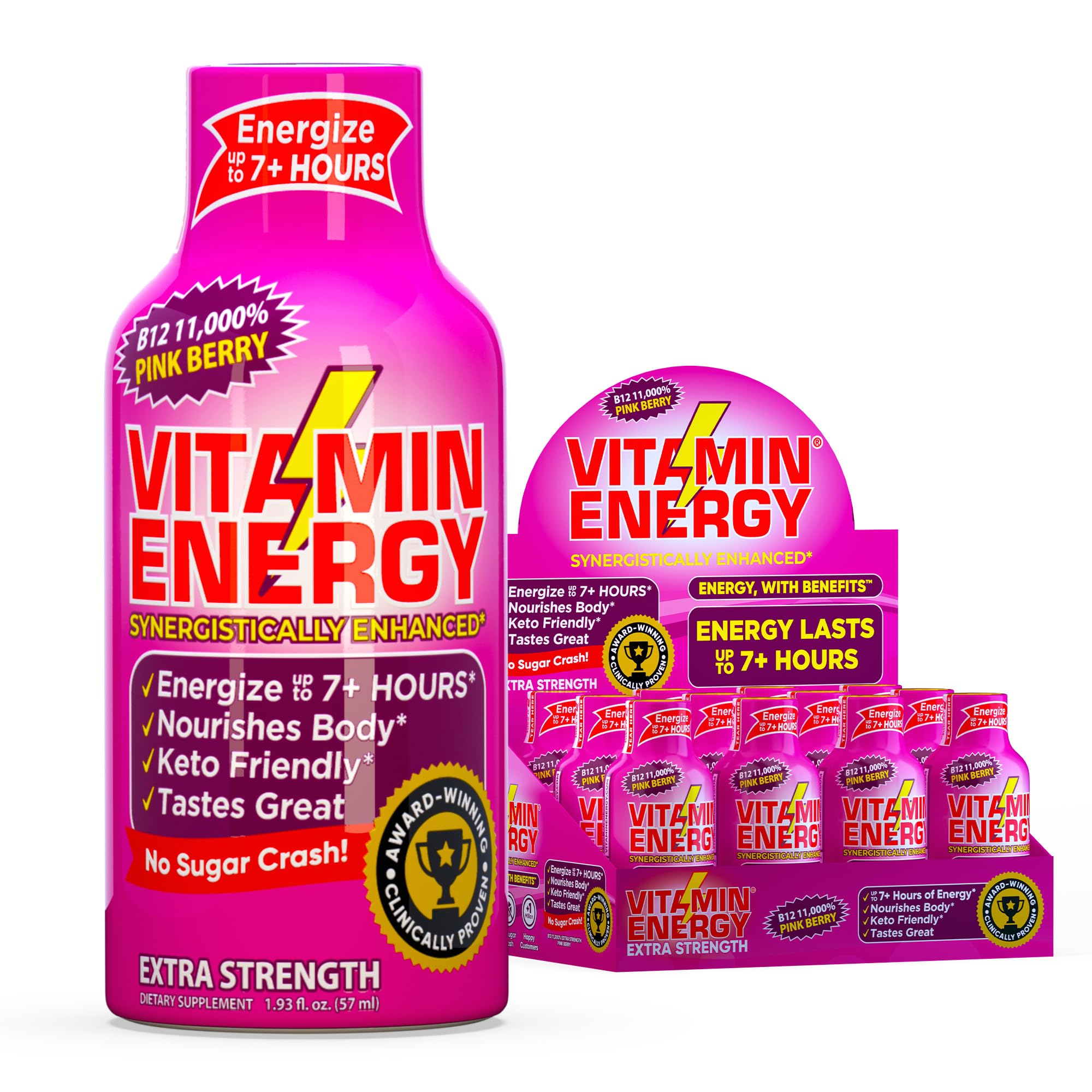 Vitamin Energy B12 Pink Berry shot front view for on-the-go energy.
