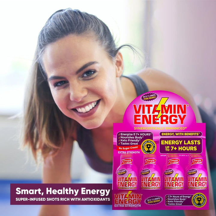 Vitamin Energy B12 Pink Berry kitchen scene suggesting keto-friendly energy.