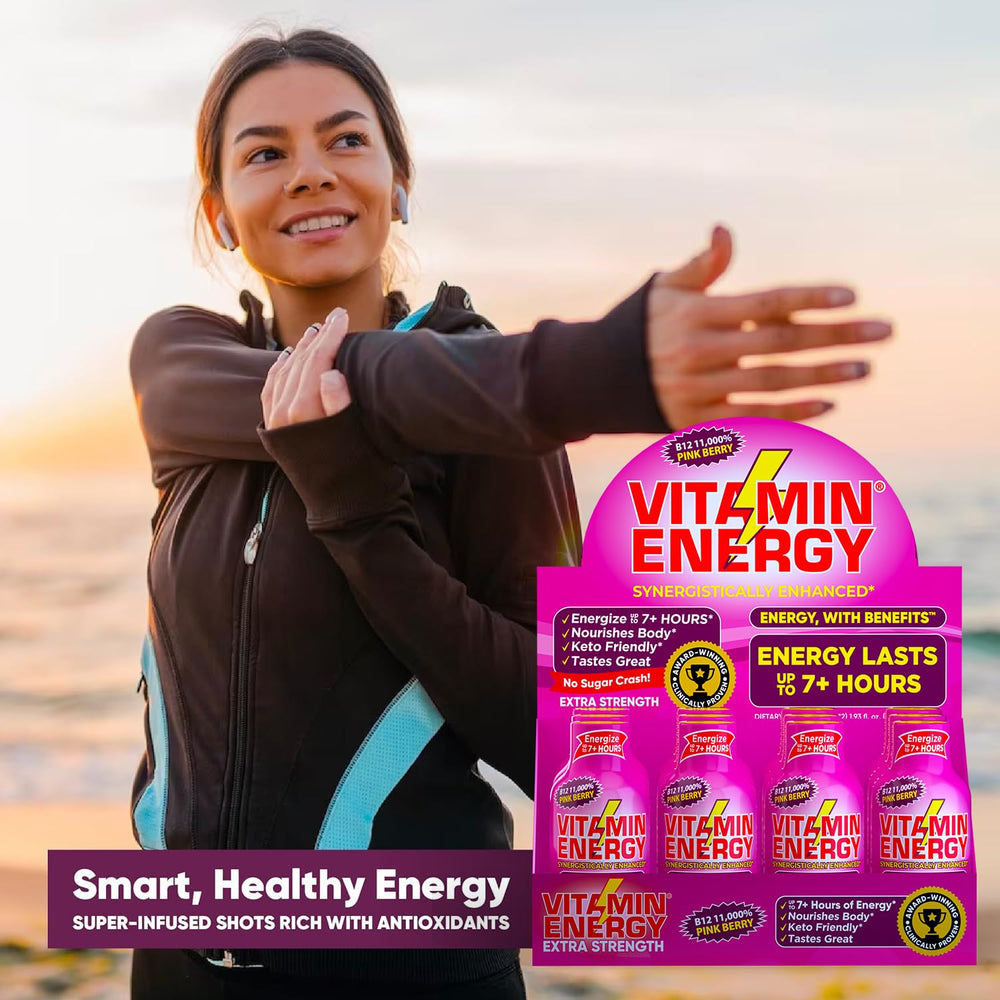 Vitamin Energy B12 Shot packaging highlights vegan, gluten-free, kosher credentials.