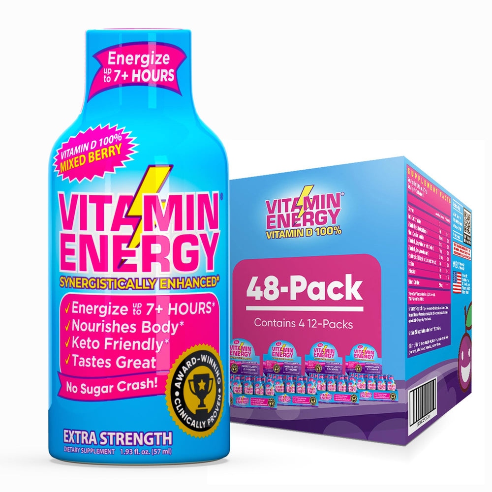 Vitamin Energy Berry Shot bottle offers compact energy with 260mg caffeine for focused daytime support.