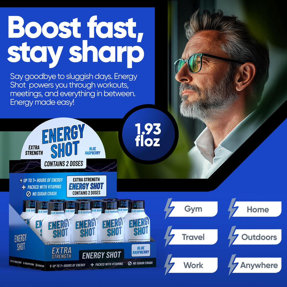 Vitamin Energy Blue Raspberry shot label highlights caffeine and B vitamins