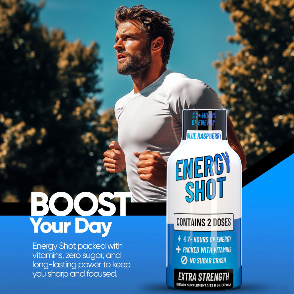Vitamin Energy Blue Raspberry shot pack emphasizing 12-pack value