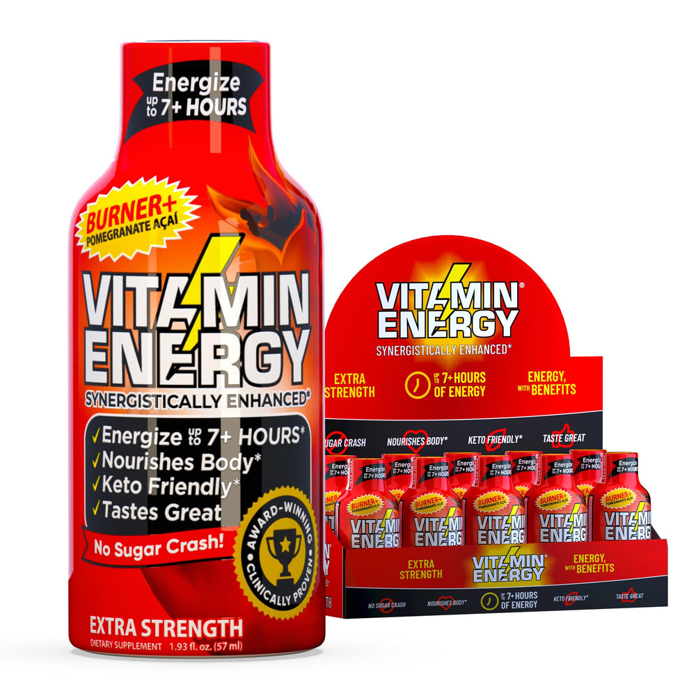 Vitamin Energy Burner+ bottle pour shows 260mg caffeine for workout energy.