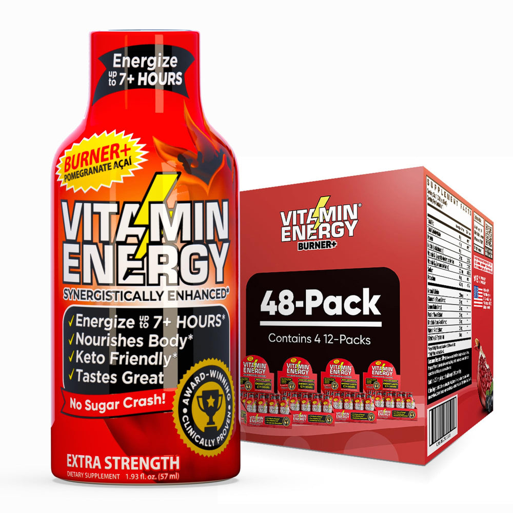 Vitamin Energy Burner+ shot front view with pomegranate acai for on-the-go energy
