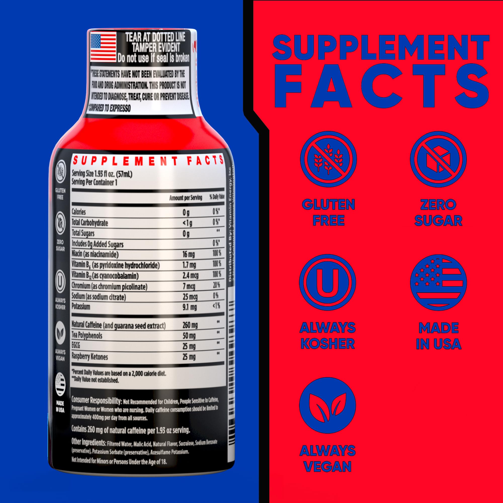 Vitamin Energy Burner+ front label shows zero sugar and vegan status for clean energy.