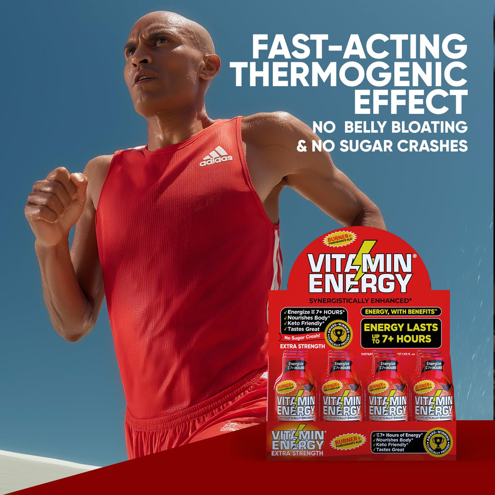 Vitamin Energy Burner+ shot beside gym gear ready for post workout recharge.