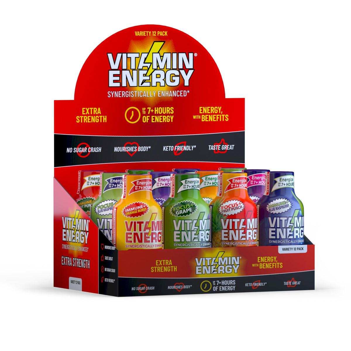 Vitamin Energy Extra Strength Shot Variety Pack front view showing compact travel-friendly bottles.