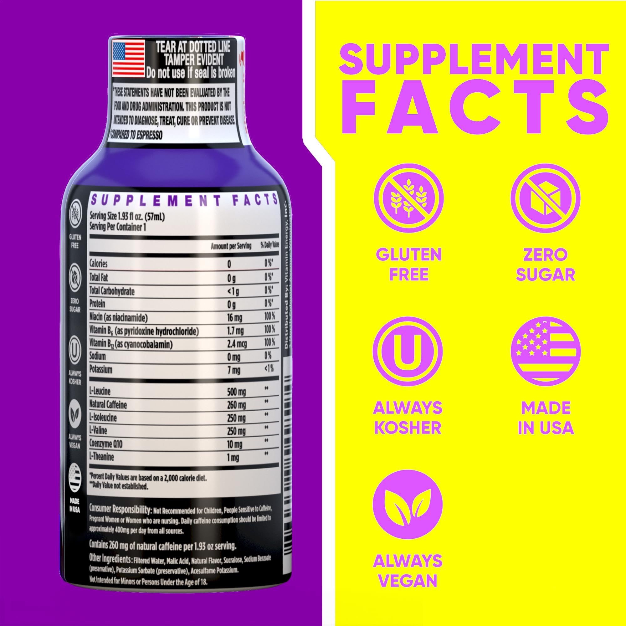 Vitamin Energy Focus+ Berry Shot label shows ingredients for daily focus.