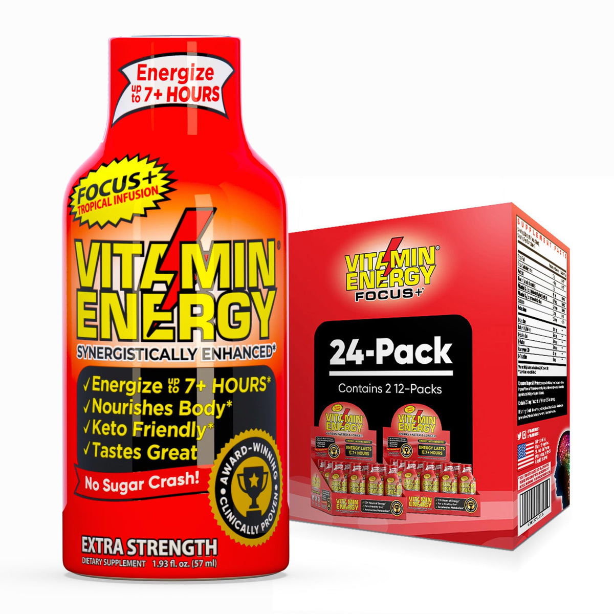 Vitamin Energy Focus+ tropical shot 24-pack bottle closeup for sustained focus.