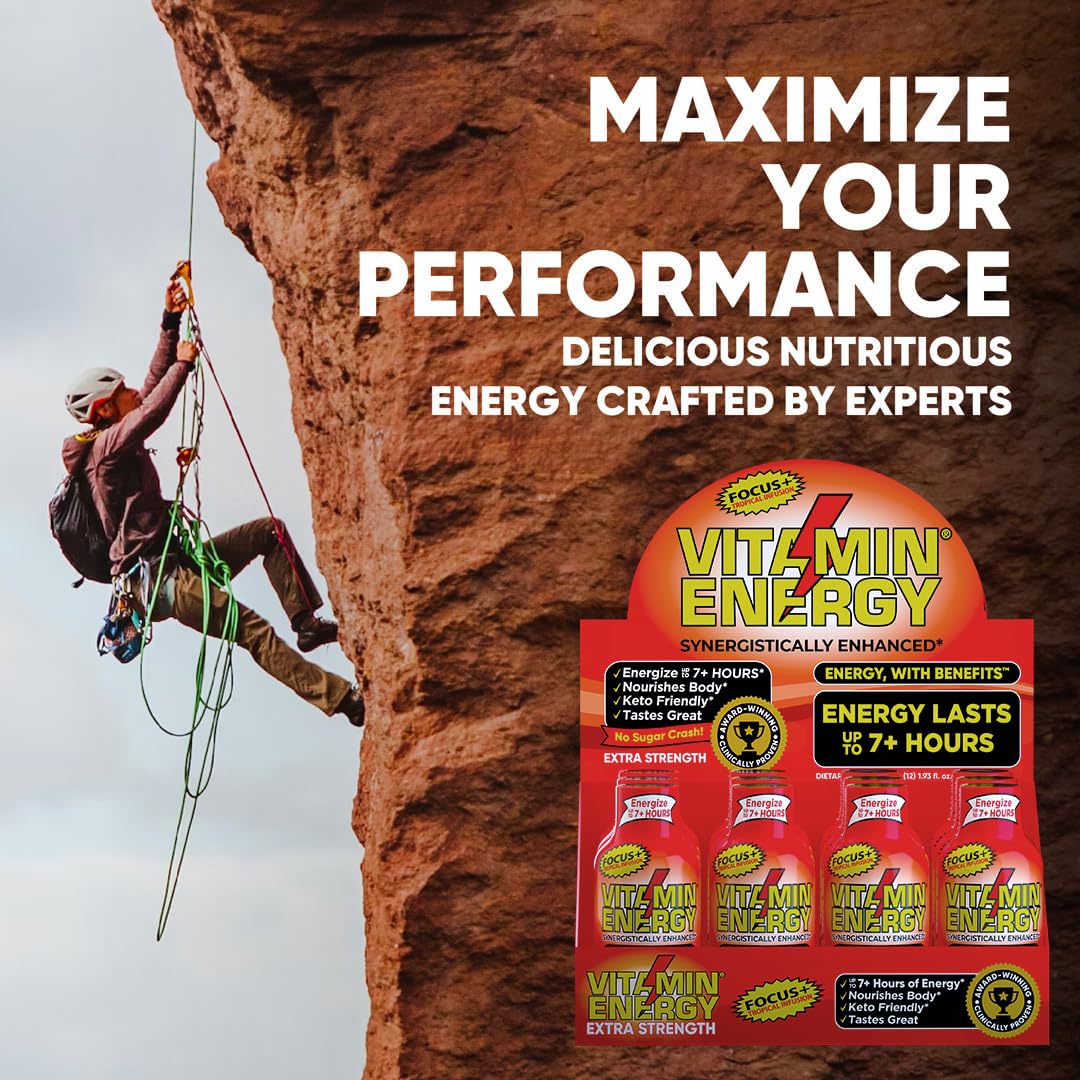 Vitamin Energy Focus+ tropical shot packaging emphasizes 24-pack convenience.
