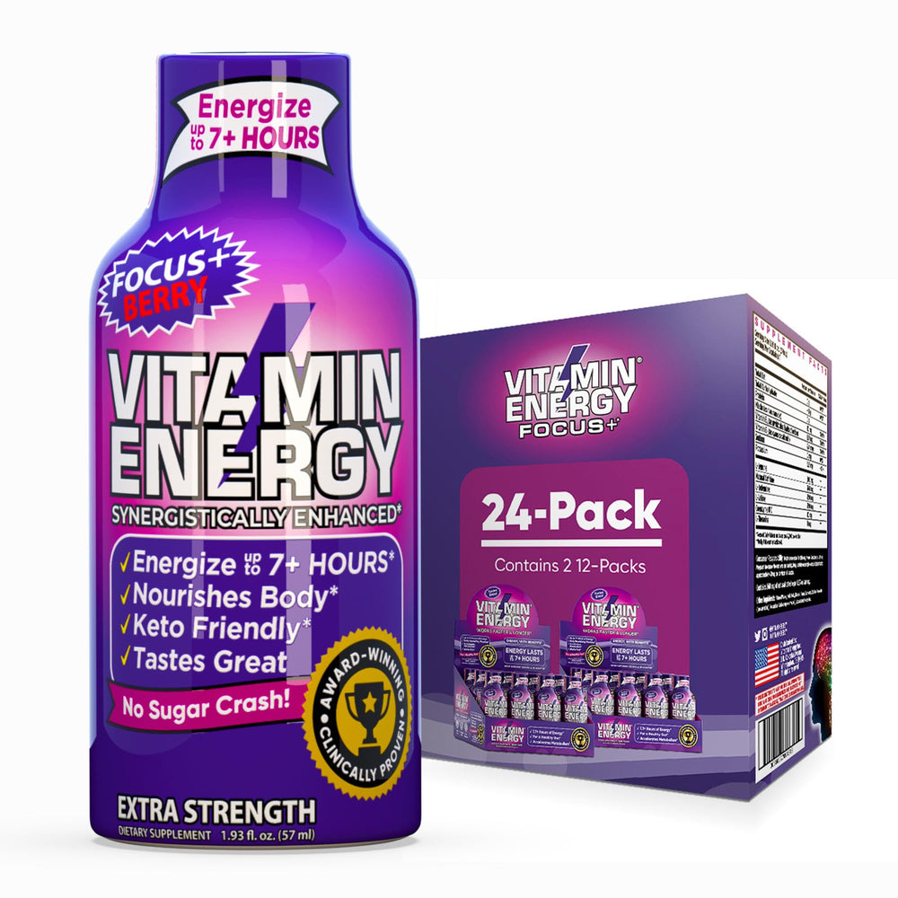 Vitamin Energy Focus+ Berry Shot bottle front ready for a busy day