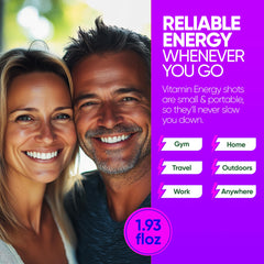 Vitamin Energy Focus+ Berry Shot bottle side shows caffeine and vitamins
