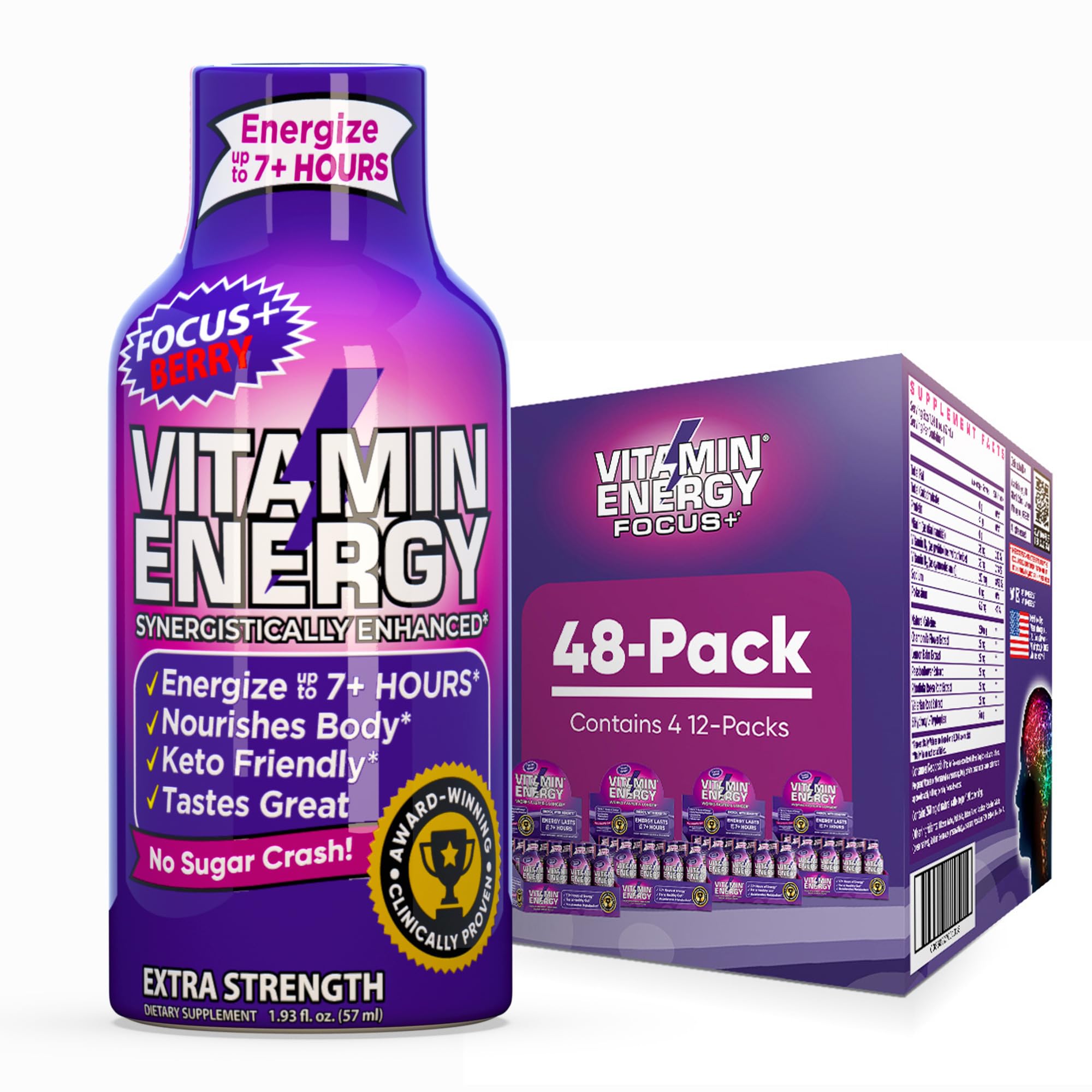 Vitamin Energy Focus+ Berry Shot bottle front display with berry flavor and compact size for on‑the‑go energy