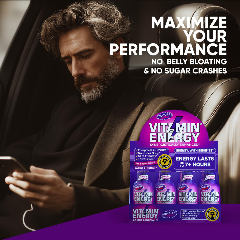 Vibrant splash image of Vitamin Energy Focus+ Berry Shot suggesting refreshing energy