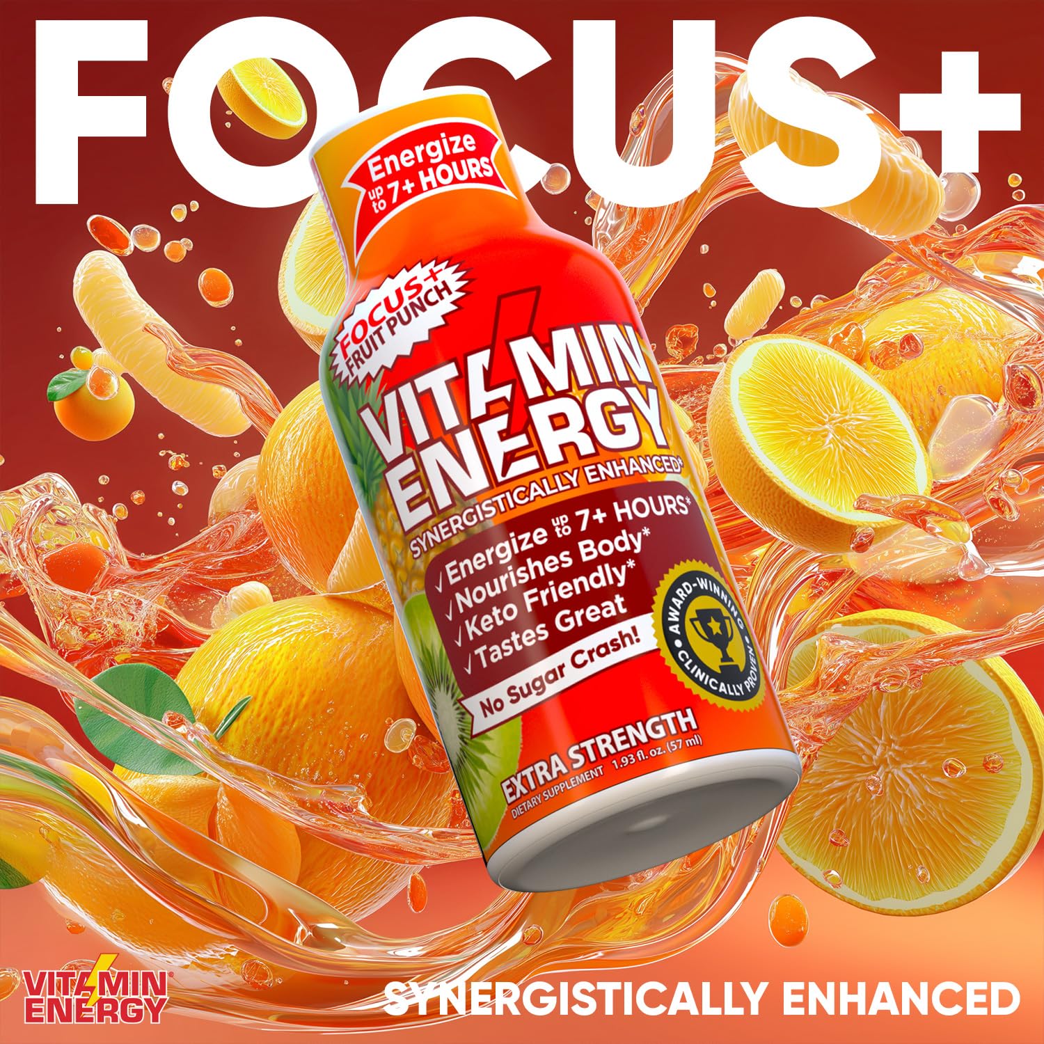 Vitamin Energy Focus+ bottle hero graphic, lasting energy without jitters