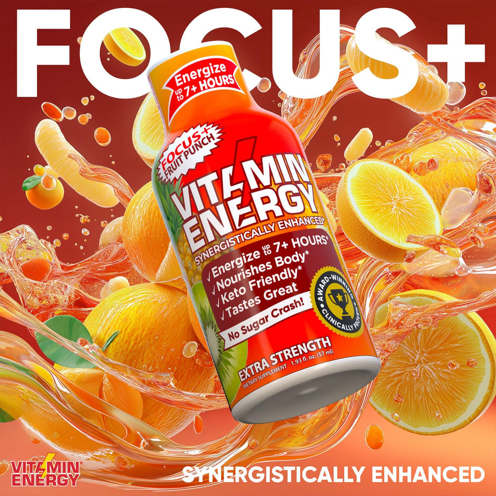 Vitamin Energy Focus+ bottle hero graphic, lasting energy without jitters