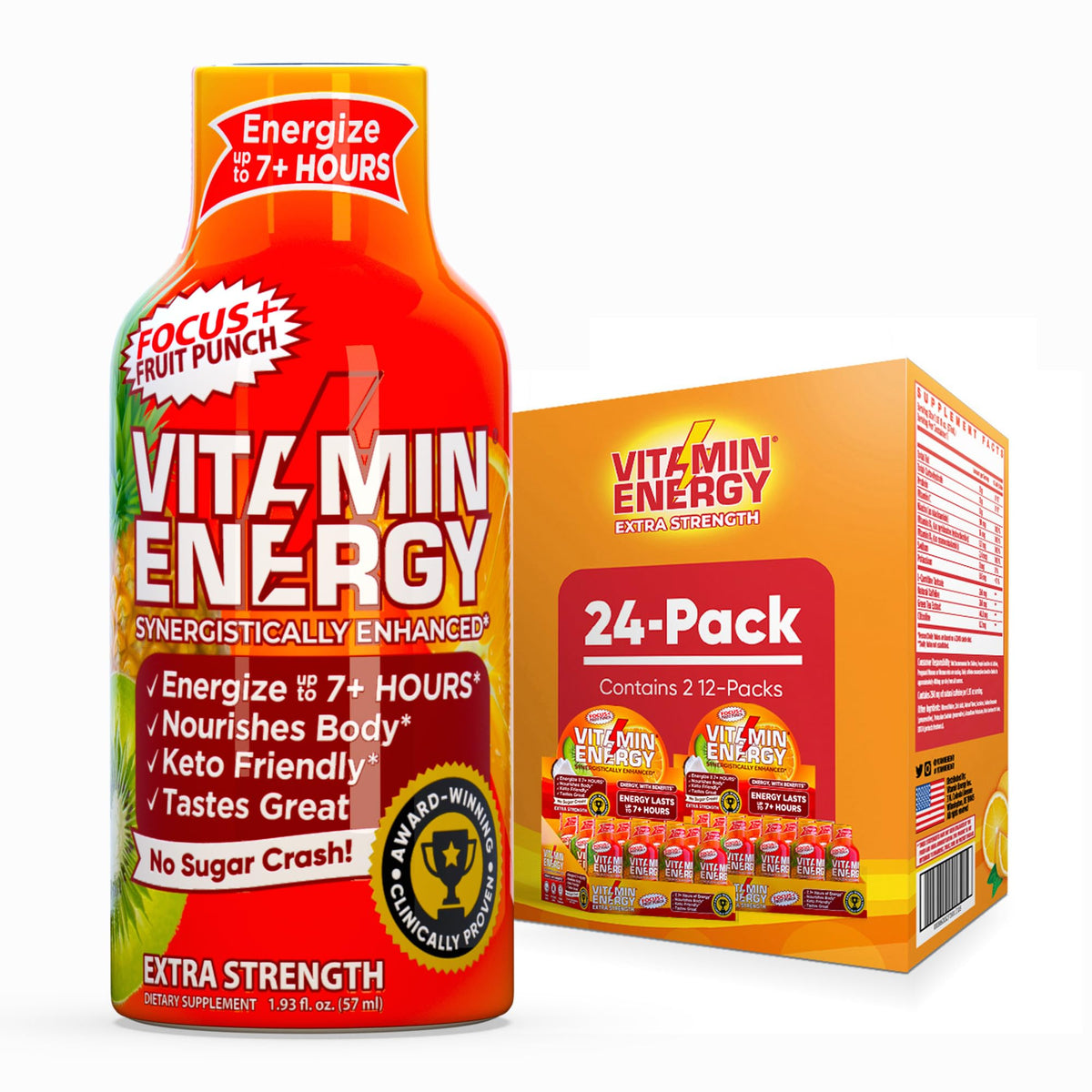 Vitamin Energy Focus+ 24-pack box showing convenient, sustained energy for busy days.