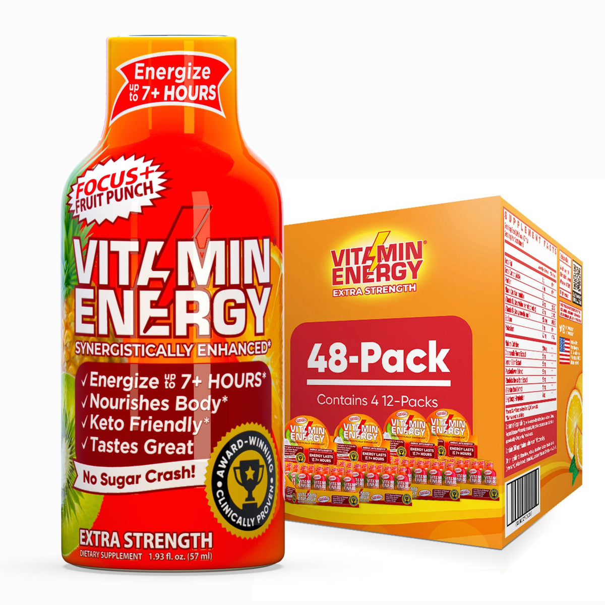 Vitamin Energy Focus+ fruit punch bottle pour, quick energy for busy tasks