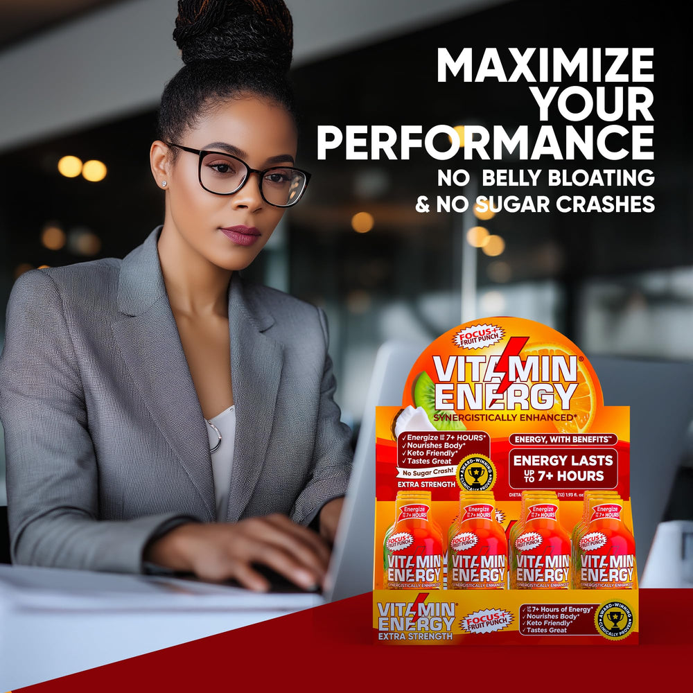 Vitamin Energy Focus+ on a desk, emphasizing focus during work or study.