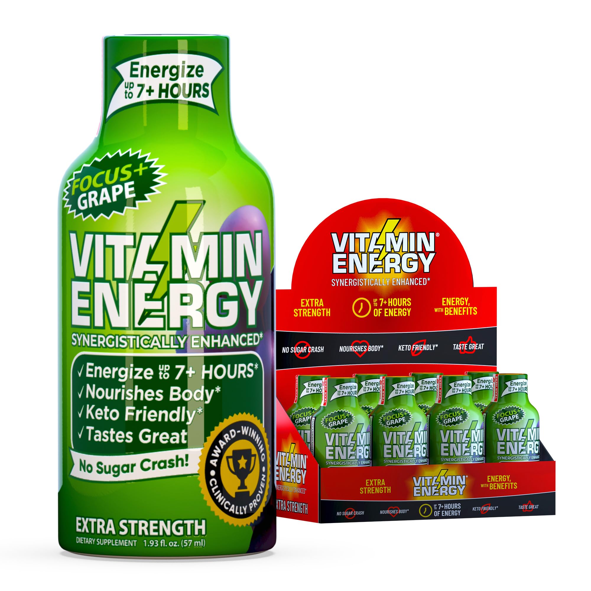 Vitamin Energy Focus+ grape shot bottle shown for crisp energy and focus