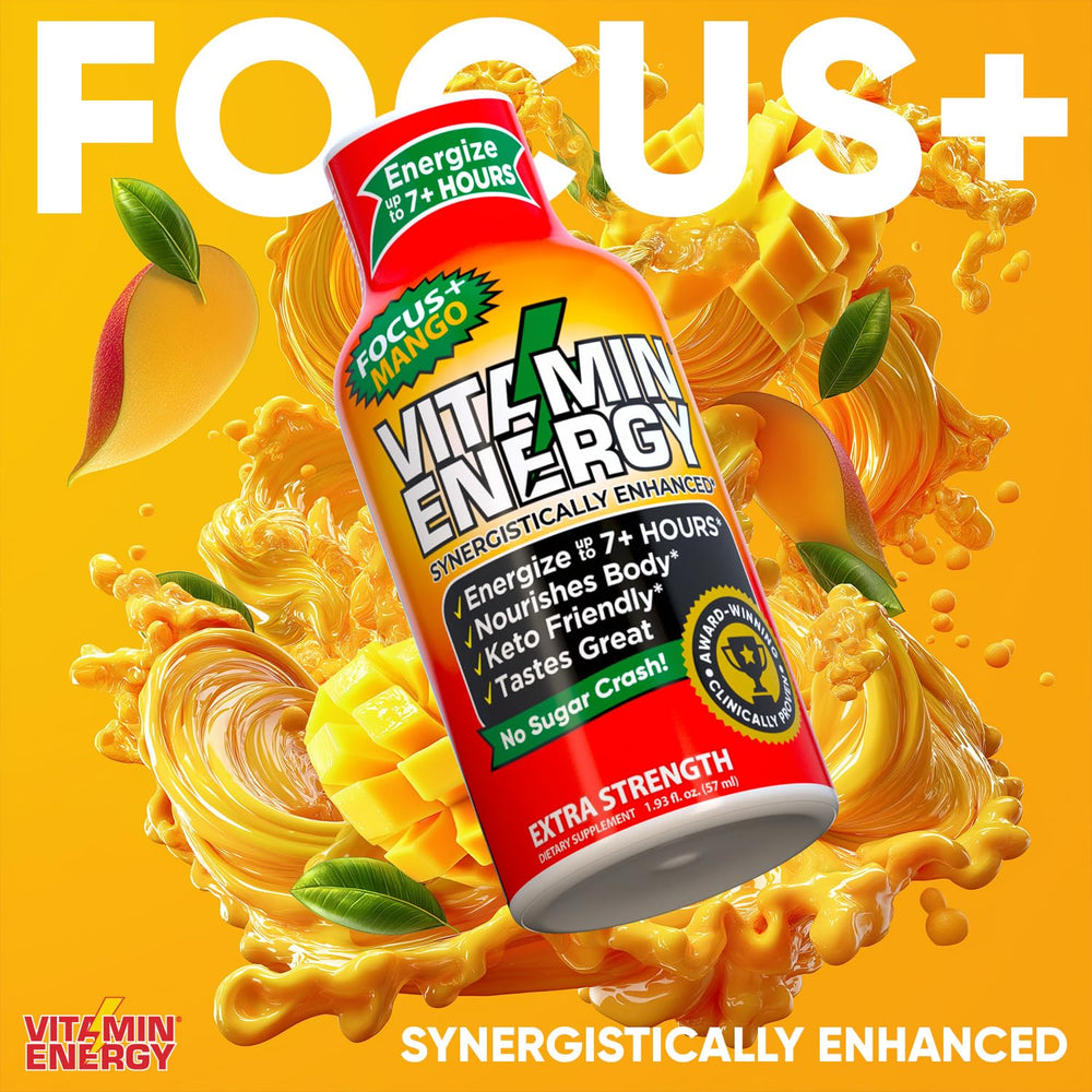 Vitamin Energy Focus+ Mango shot box pack with 48-pack value displayed