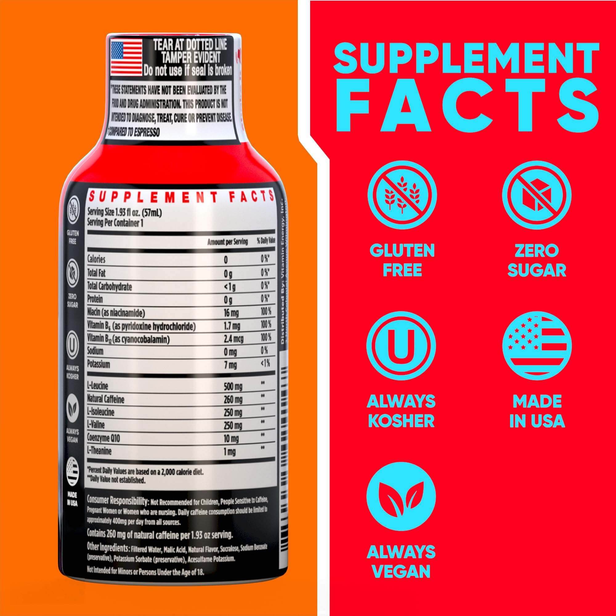 Vitamin Energy Focus+ Mango shot closeup label highlights CoQ10 and B-vitamins