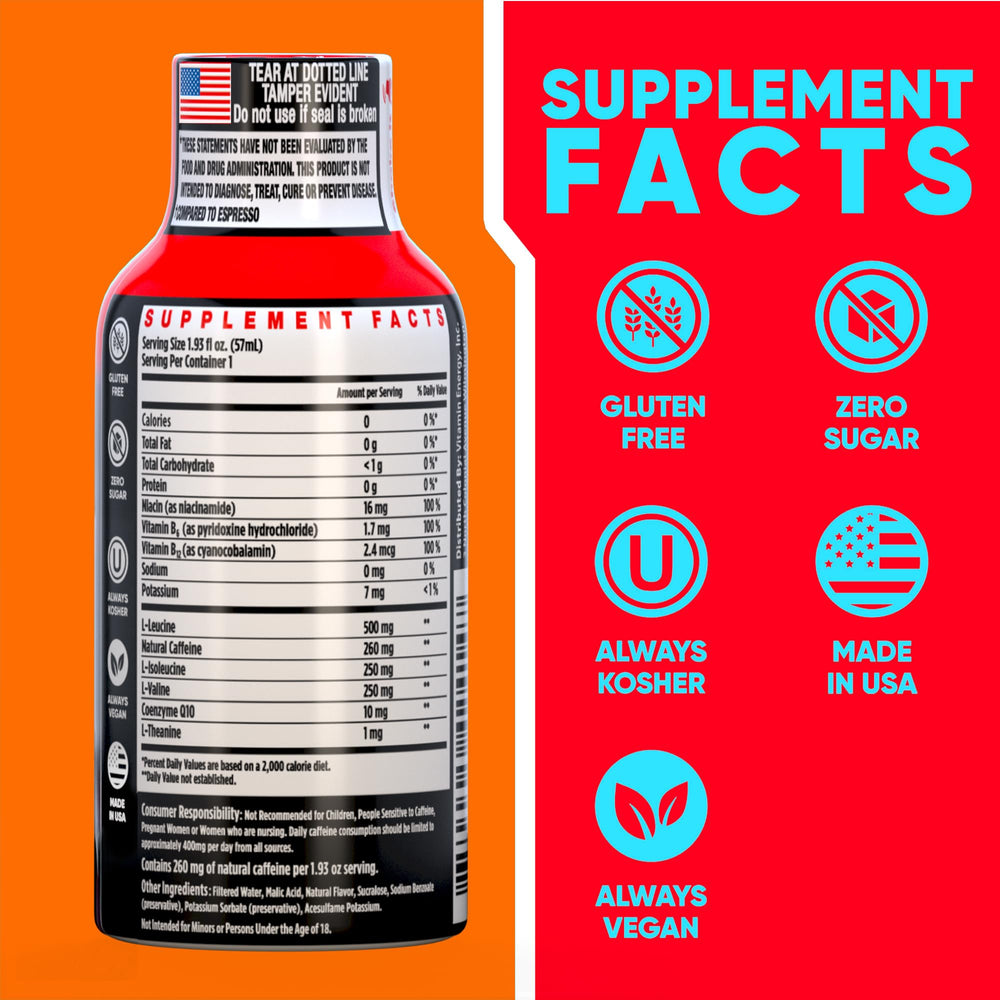 Vitamin Energy Focus+ Mango shot closeup label highlights CoQ10 and B-vitamins