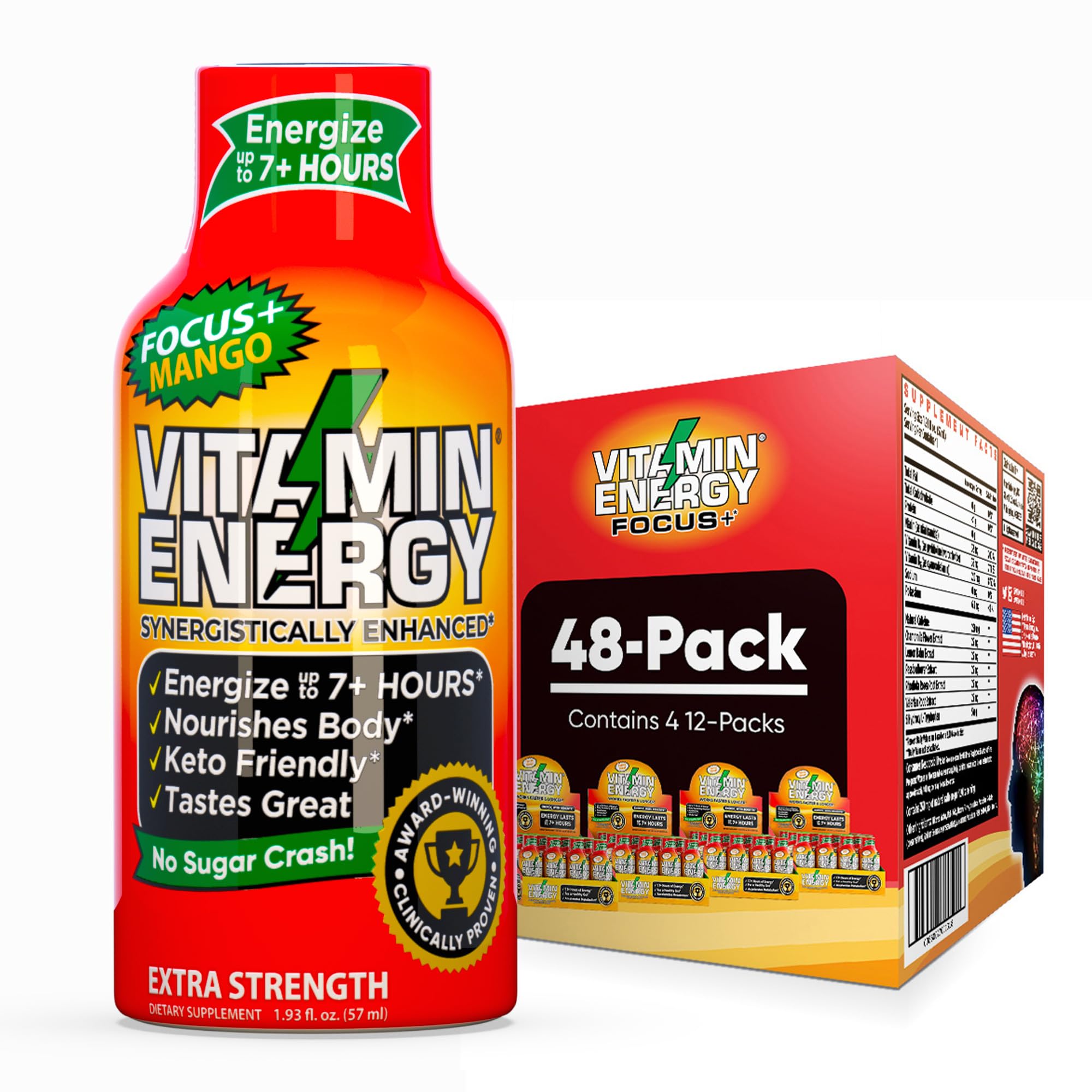 Vitamin Energy Focus+ Mango shot front view showing bold branding for quick energy boost