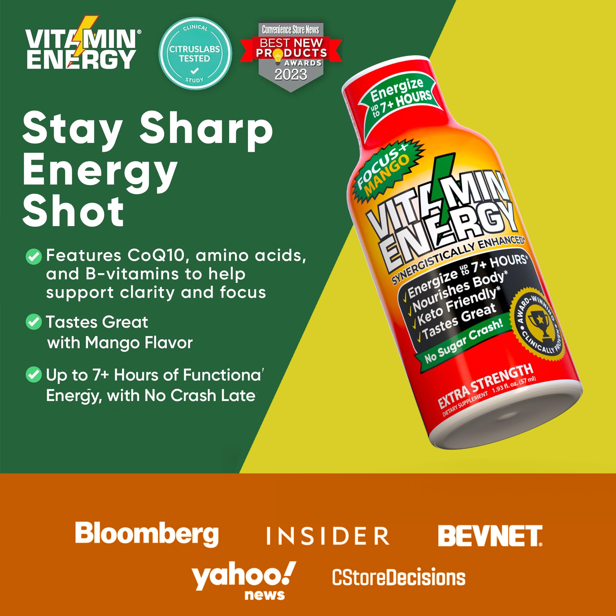 Vitamin Energy Focus+ Mango shot nutrition facts panel highlights caffeine and vitamins