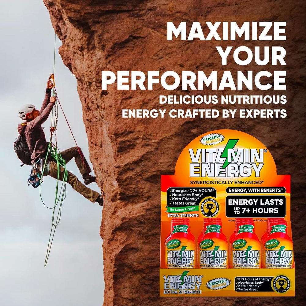 Vitamin Energy Focus+ Mango shot vegan logo signals plant-based energy