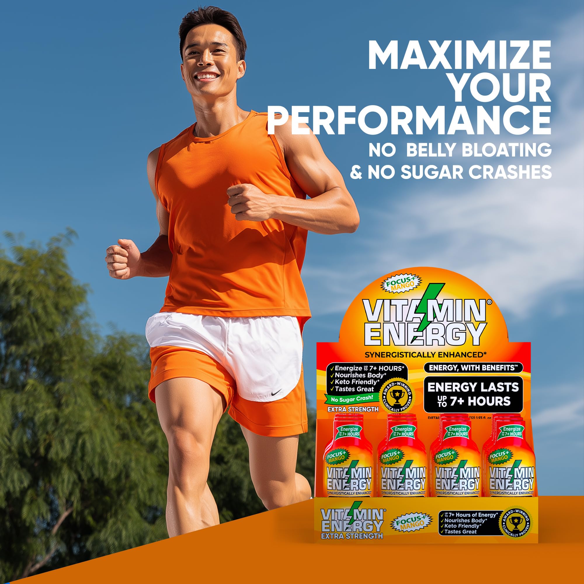 Vitamin Energy Focus+ Mango shot zero sugar label emphasizes keto-friendly option